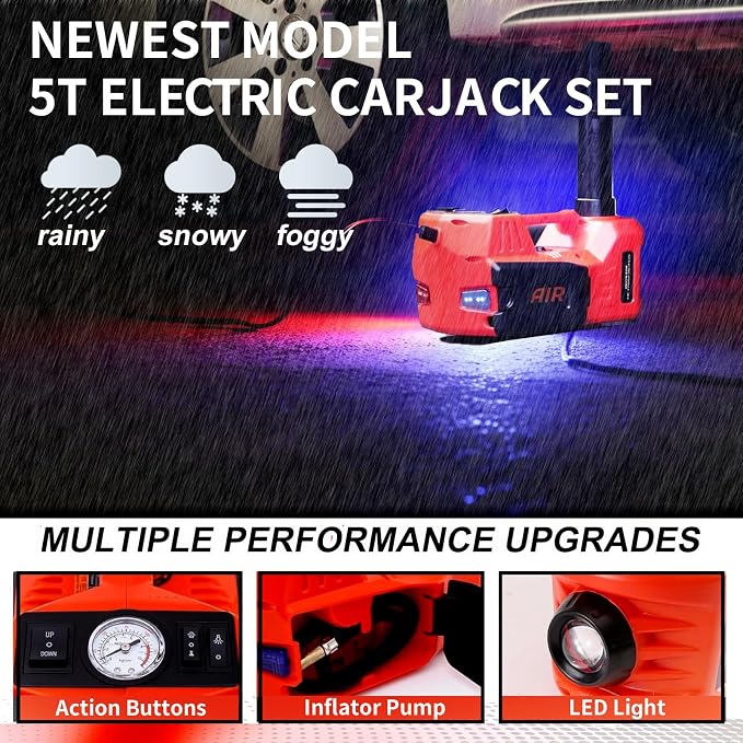 Electric Hydraulic Car Jack Kit 5 Ton 12V Portable Lift Range 17.7 Inch with Tire Inflator Pump for SUV Sedan Truck Car Repair Floor Jack for Vehicle Tire Change with LED Light Jack Only