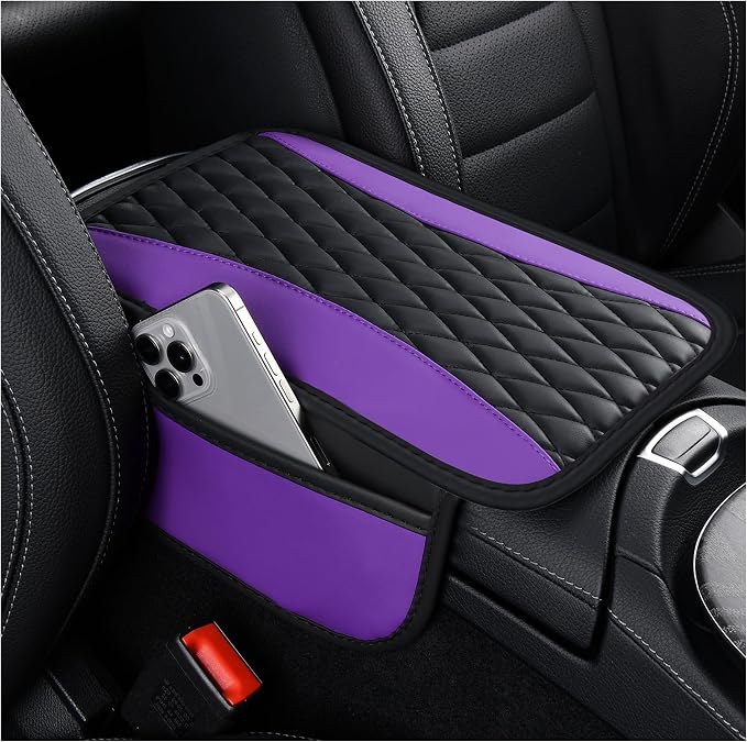 Patchwork Leather Center Console Covers for Cars,Upgraded Arm Rest Cover for Car with Side Storage Pocket for Car Seat Organizer,Middle Console Cover Stylish Car Decoration (Purple)
