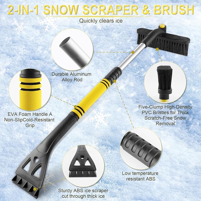 32" Snow Brush and Ice Scrapers for Car Windshield, Extendable Car Snow Accessories with Foam Grip, Brush Supports 360 Degree Rotation, Car Winter Removal Tool for Cars, Trucks, SUVs