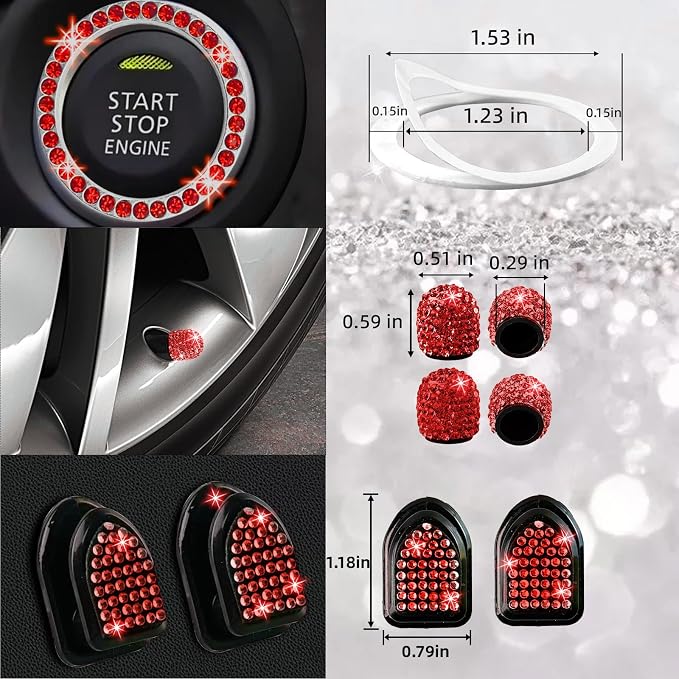27 PCs Red Bling Car Accessories Set for Women, Steering Wheel Covers Universal Fit 15 Inch, Bling License Plate Frame, Bling Phone Holder, Bling Car Coasters (Red Diamond)