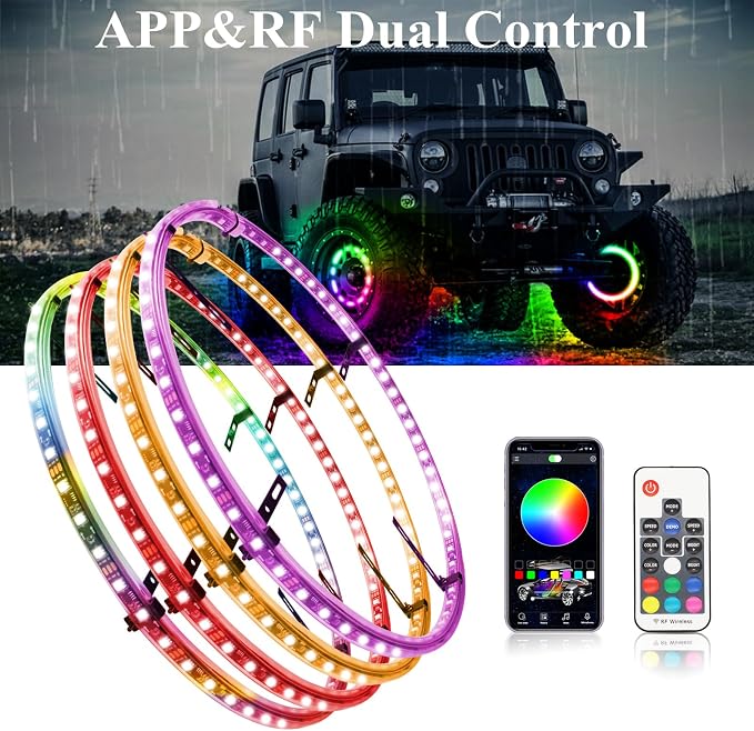 RGB Wheel Lights, Double-Sided Glow Ring Light Hub Kits for Cars Truck SUV | 12V DC, 4PCS, 17inch, Waterproof, Underglow Accessories Controlled by Remote and APP, with Turn & Braking Signal, Music Sync