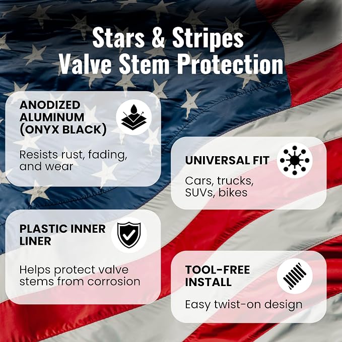 American Flag Valve Stem Caps – Onyx Black, Anti-Rust Anodized Aluminum, Universal Fit for Car, Truck, SUV, Bike – Set of 4 (Onyx Black)