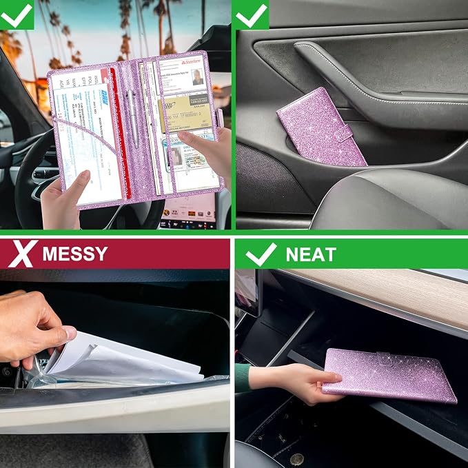Car Registration and Insurance Holder, Vehicle Car Glove Box Organizer, Cool Car Accessories for ID, Driver License Cards & Essential Document, Men&Women, Purple Glitter