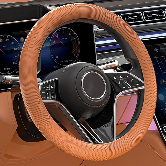 Car Steering Wheel Cover for Men Women, Non-Slip Silicone Sporty Wave Design Auto Interior Accessories, Universal Fit 14 15 16 Inch Round & D-Shape Wheels, Bright Orange