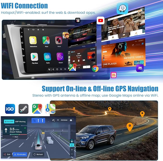 Touch Screen Car Radio Stereo for Toyota Camry 2006-2011 | Wireless Carplay&Android Auto&Mirrolink, FM Radio, GPS Navigation,DSP Setting,Back-up Camera,Blutooth,Split Screen,SWC