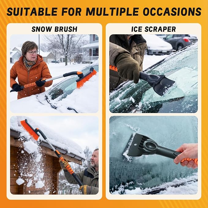 2-in-1 Upgrade 44" Extendable & Removable Snow Brush with Ice Scraper for Car Windshield, 360° Pivoting Brush Head, EVA Foam Grip for SUV, Trucks, Auto
