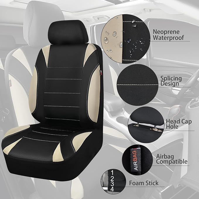 Waterproof Car Seat Covers Full Sets, Universal Fit Seat Covers for Cars, EVA Neoprene Seat Cover Set Full Sets, Interior Covers for Auto SUV,Vans,sedans, Trucks,(Black and Beige)