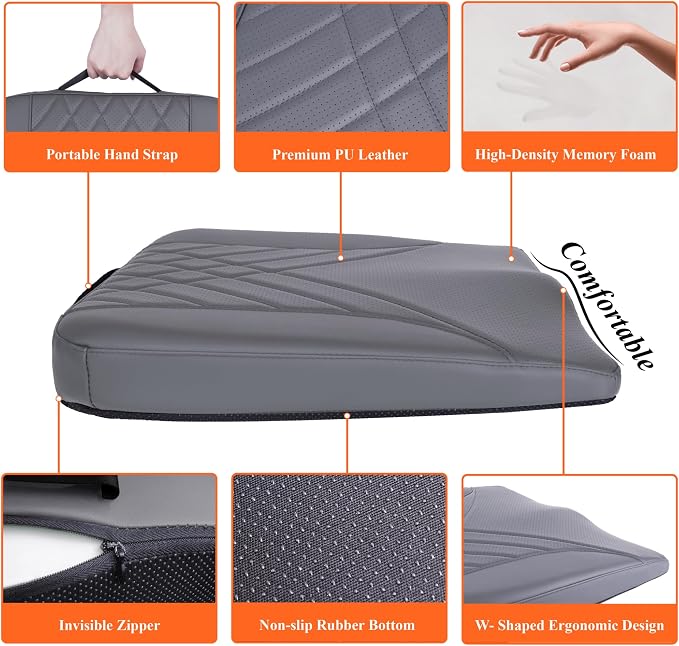 Premium Car Seat Cushion, Memory Foam Driver Seat Cushion to Improve Driving View- Coccyx & Lower Back Pain Relief - Seat Cushion for Car, Truck, Office Chair (Leather Dark Gray)