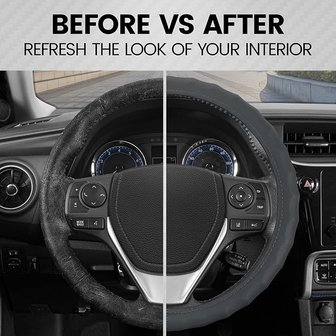 SW-899-MG Genuine Leather Car Steering Wheel Cover 14.5-15 inch Medium/Gray, Easy Installation