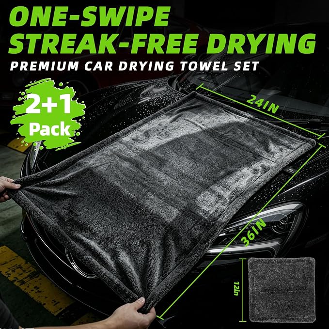 2+1 Pack Car Drying Towels – Microfiber Towels for Cars (36" x 24"), Ultra-Absorbent, Streak-Free, Scratch-Free, No Water Spots, Double-Twist Pile & Edgeless Design, Grey