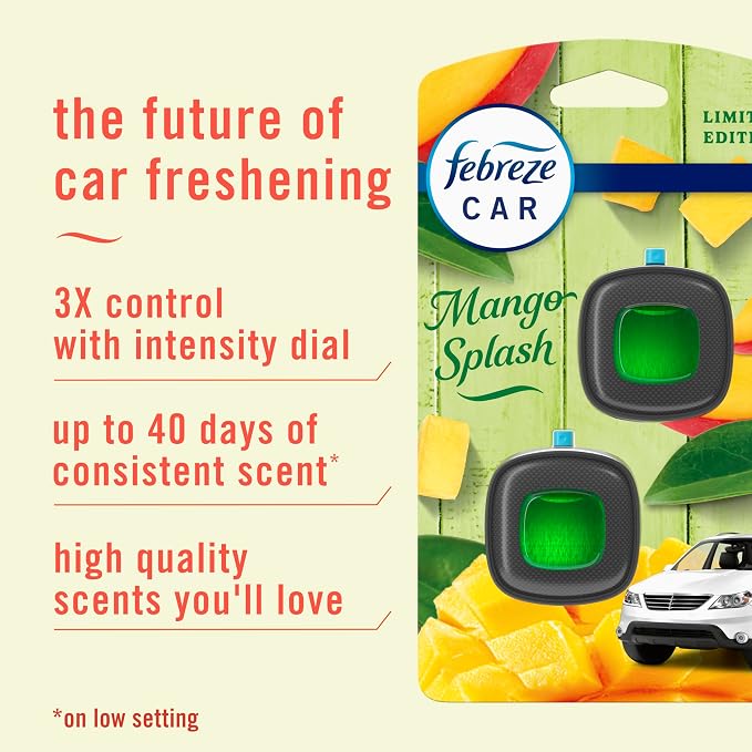 Car Air Freshener Vent Clip Multipack Mango Splash Scent, Long Lasting Smell Fighter for Strong Odors Car Clip Automotive Vent Air Freshener 4 Count