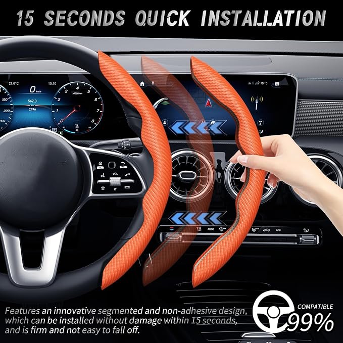 3pcs Car Steering Wheel Cover,Anti-Skid Carbon Fiber Steering Wheel Protector for Men Women,Multiple Color Options,Universal for Most Car Interiors Accessories (Orange 3PCS)