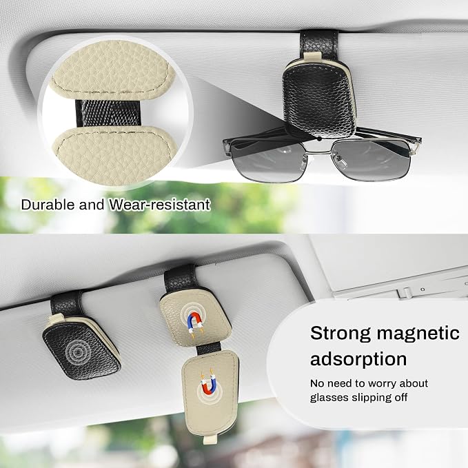 Sunglasses Holder for Car, Leather Magnetic Buckle Sun Visor Sunglass Clip, Ticket Card Storage Glasses Clip, Car Interior Accessories for Men and Women（2PCS Black-Beige）
