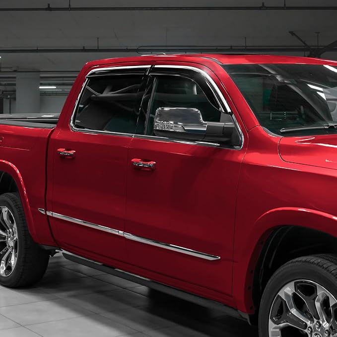 Voron Glass Chrome Trim Tape-on Extra Durable Rain Guards for Dodge Ram 1500 2019-2026 Crew Cab, Window Deflectors, Vent Window Visors, 4 Pieces - 120236