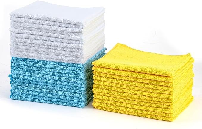 Microfiber Cleaning Cloths, Ultra Absorbent, Scratch-Free, Highly Absorbent, Non-Abrasive, Reusable and Washable, 16" x 12", Blue/White/Yellow, 36-Pack