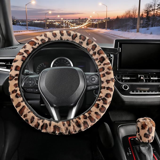 Furry Car Steering Wheel Cover with Gear Shift Cover, Soft and Warm, Cute Fluffy Auto Decor for Women Men, Standard Size, 2 PCS Set, Brown Leopard
