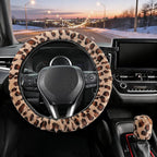 Furry Car Steering Wheel Cover with Gear Shift Cover, Soft and Warm, Cute Fluffy Auto Decor for Women Men, Standard Size, 2 PCS Set, Brown Leopard