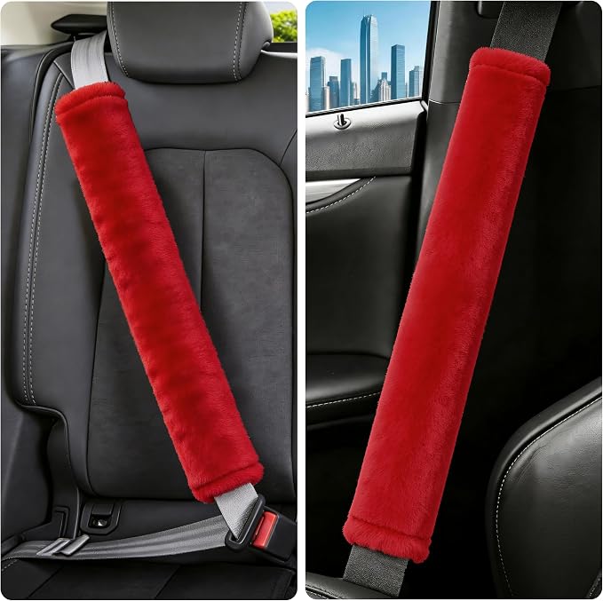 Soft Faux Fur Universal Fit Seatbelt Cover Car Truck SUV Airplane Seat Belt Shoulder Pad for Carmera Backpack Straps Neck Cushion Protector Extra Long 25.6in Red