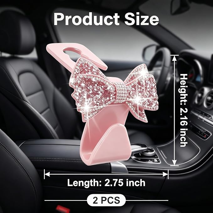 2PCS Bling Bow Car Seat Headrest Hooks, S Type Crystal Rhinestone Bowknot Auto Seat Back Storage Hooks, Diamond Cute Bow Vehicle Storage Organizer, Universal for Purses Bags Groceries(Pink)