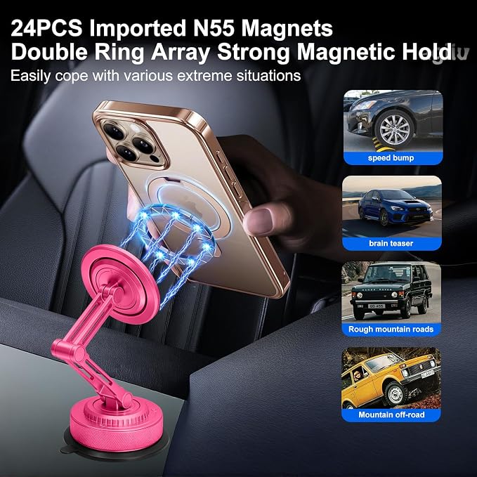 PIEPIE All-Metal Alloy Long Arm Magnetic Suction Cup Car Phone Mount(Pink) | Strong Powerful Magnetic Heavy-Duty Windshield Dash 360° Mechanical Rotation Cell Mobile Phone Vehicle Bracket for All Cars