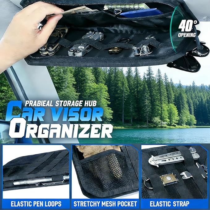 Molle Car Sun Visor Organizer,Car Accessories with Zipper Visor Storage Pouch&Glasses Clip&Adjustable Straps, Semi-Rigid Molle Panel for Tactical Gears, Fits Most Vehicles, SUVs (Grey)