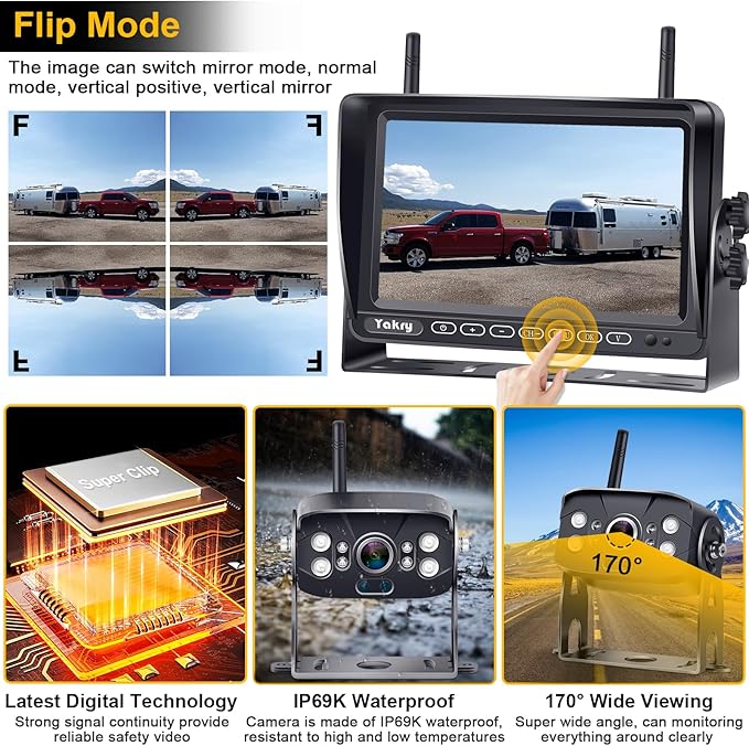 RV Backup Camera Wireless Recording 2 Cameras - Plug and Play Pre-Wired for Furrion System Night Vision 4 Channels HD 1080P 7'' Touch Key Monitor Rear View Camera for Trailer/Trucks/Camper Y28