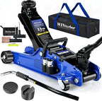 2.5T Floor Jack, 5500 lbs, 3.35"-14.96" Lift, Tire Kit, Pads, Sockets & Bag | Steel jack, 3.35"-14.96" lift. 360° swivel handle, rear casters. Includes tire kit, 2 rubber pads, 2 sockets & bag.