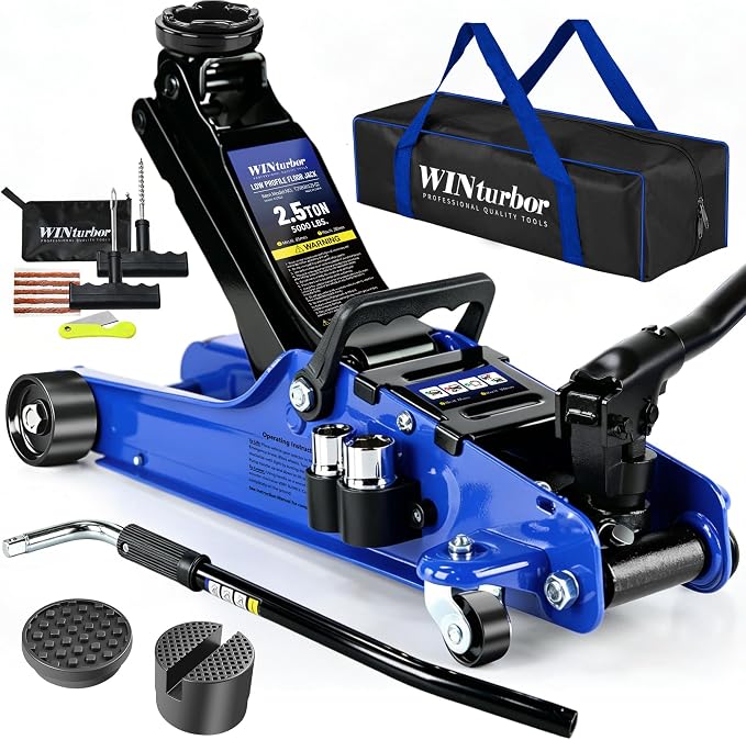 2.5T Floor Jack, 5500 lbs, 3.35"-14.96" Lift, Tire Kit, Pads, Sockets & Bag | Steel jack, 3.35"-14.96" lift. 360° swivel handle, rear casters. Includes tire kit, 2 rubber pads, 2 sockets & bag.