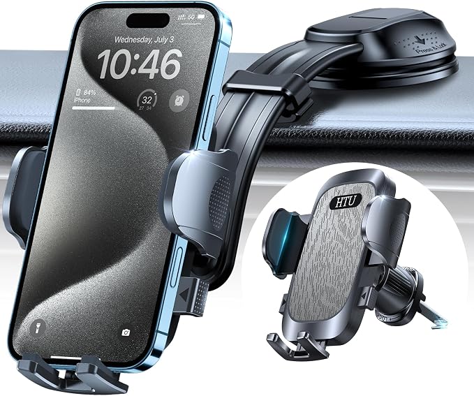 HTU【Upgraded Strongest Suction Car Phone Holder【Bendable Arm, Never Block View】 Rotatable Cellphone Mount for Dashboard Windshield Vent,Cradle Stand for iPhone 17 16 15 14 13 12 Pro Max, Light Gray