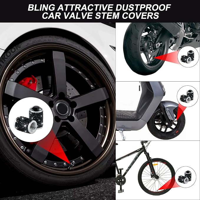 Car Wheel Tire Valve Caps, 4 PCS Bling Tire Valve Caps, Crystal Tire Caps Shinny Rhinestone for Women, Universal Car Dustproof Tire Valve Caps for Cars, Trucks, SUV and Motorcycles (Black)