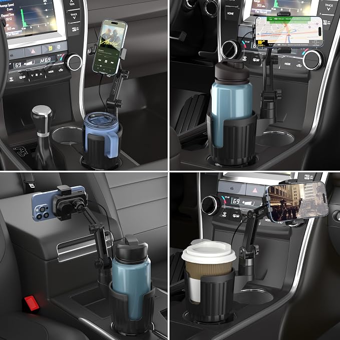 2 in 1 Auto-Clamping Cup Phone Holder for Car, 15W Fast Wireless Charging Cup Holder Phone Mount with Type-C Cable, Adjustable Car Cup Expander for Large Bottles