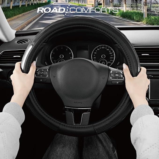 Leather Steering Wheel Cover – Black & Black, Universal Fit 14.5-15 Inch, Microfiber Leather, Anti-Slip & Breathable Design for Men and Women
