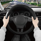 Leather Steering Wheel Cover – Black & Black, Universal Fit 14.5-15 Inch, Microfiber Leather, Anti-Slip & Breathable Design for Men and Women
