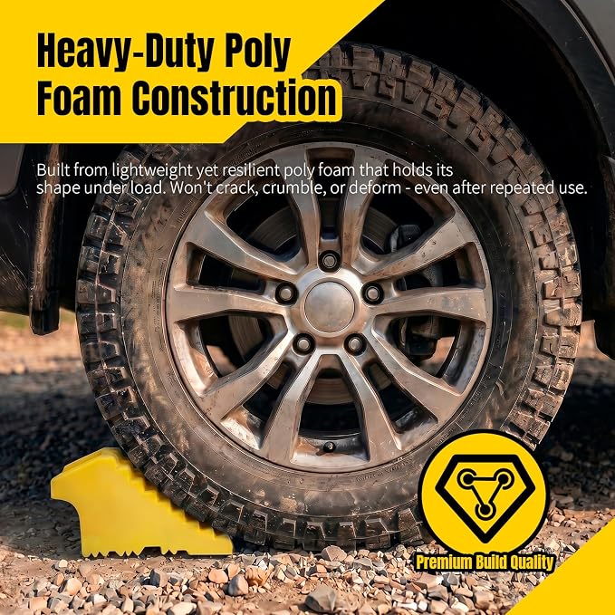 High Visibility Poly Foam Wheel Chock 2-Pack | 8" x 4" x 4" Lightweight Tire Stop | Slip-Resistant Rubber Base | Built-in Handle | Safety Yellow (50503)