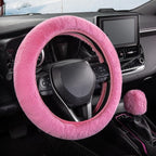 Furry Car Steering Wheel Cover with Fluffy Gear Shift Cover Soft Warm Non-Slip Car Decoration for Women Girls 2 PCS Set, Pink