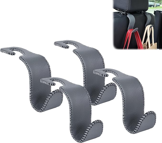 Car Seat Headrest Hook Universal Vehicle Storage Hanger Leather with Metal Car Seat Back Organizer for Handbag Purse Coat Grey 4 Pack