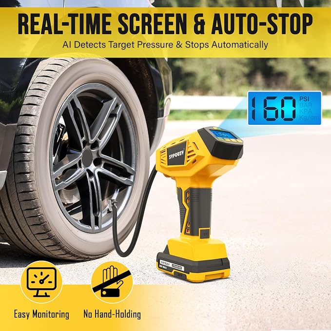 Tire Inflator Portable Air Compressor - 𝟒𝐗 Faster Inflation, 160PSI Cordless Tire Pump with Dual Power Rechargeable Battery & 12V Car power, Auto Shut Off, Digital Gauge for Car, Motorcycle, E-Bike