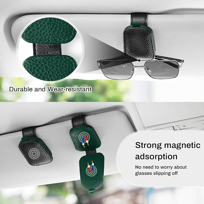 Sunglasses Holder for Car, Leather Magnetic Buckle Sun Visor Sunglass Clip, Ticket Card Storage Glasses Clip, Car Interior Accessories for Men and Women（2PCS Black-Green）