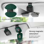 Sunglasses Holder for Car, Leather Magnetic Buckle Sun Visor Sunglass Clip, Ticket Card Storage Glasses Clip, Car Interior Accessories for Men and Women（2PCS Black-Green）