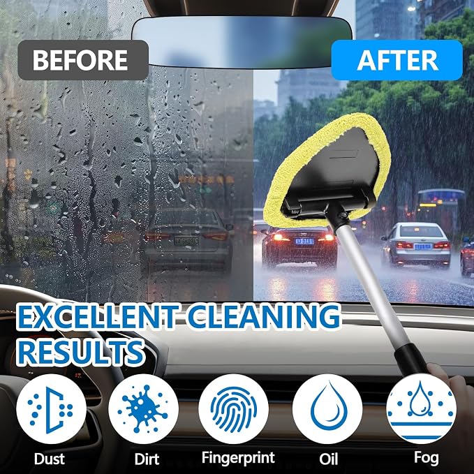 Car Windshield Cleaning Tool, Car Windshield Window Cleaner, Auto Window Glass Cleaning Kit with Extendable Handle & Reusable Microfiber Pad & Spray Bottle, Universal Car Accessories (Yellow)