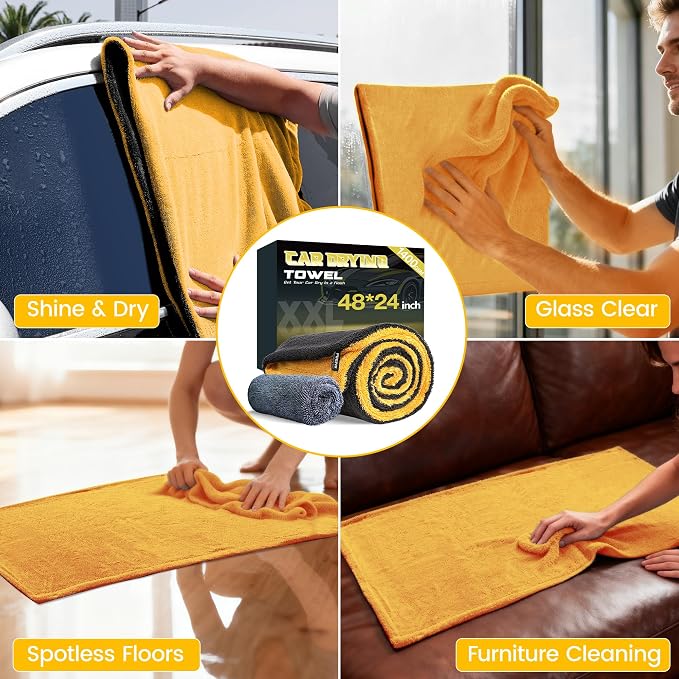 PUGPIU 1400GSM Extra Large Microfiber Car Drying Towel Detailing 48"X24" | Flash Detail Car Wash Drying Towel Edgeless with Two Sided Soft Twisted-Loop, No Water Spots Streaks for Auto Car (Yellow)