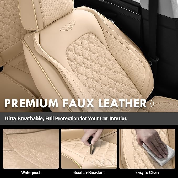 Coverado Front Car Seat Covers, Faux Leather Oil-Resistant Non-Slip Cushions, Universal Fit for Sedans, Pickups, SUVs, Waterproof Seat Covers, Car Seat Protectors – Beige