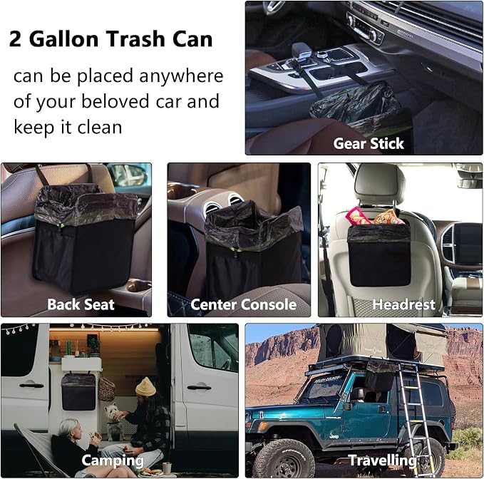 2 Gallons Open-Top Car Trash Can, Hanging Leakproof Car Trash Bag with Water-proof PEVA Liner, Stand Trash Bag for Cars Foldable Automotive Garbage Can for Cars SUV Truck RV Black