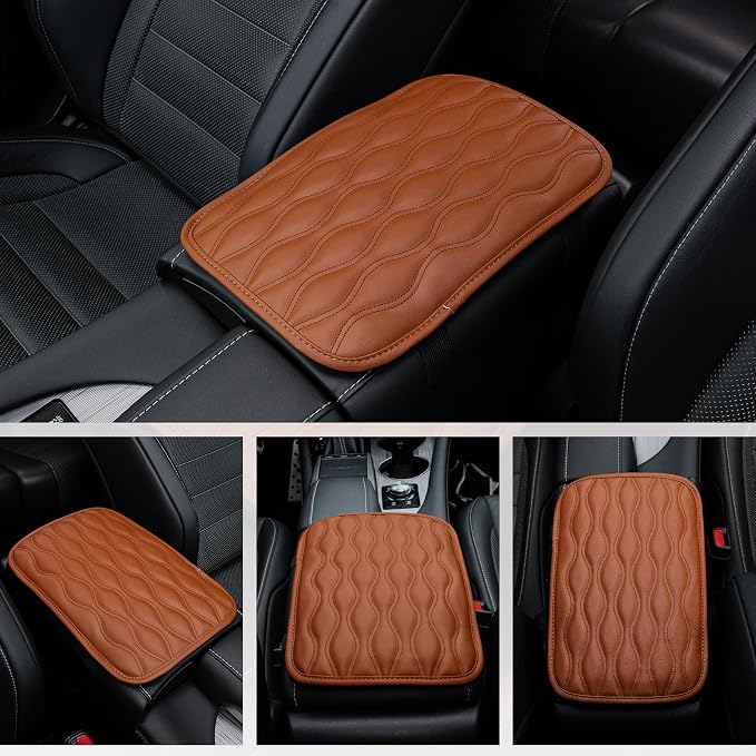Car Center Console Cover, Upgraded Leather Car Armrest Cushion, Universal Waterproof Cushion Pad, Non-Slip Car Interior Accessories, Fits Most Sedans SUVs Trucks (Brown)