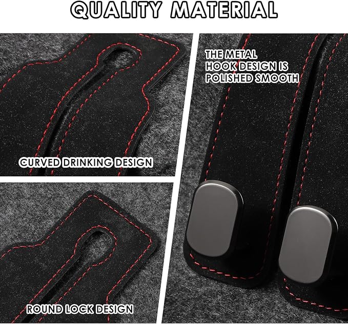 KINIVA Car Seat Headrest Storage Hooks, Set of 2, Suede PU Leather, Double Hooks (Black)