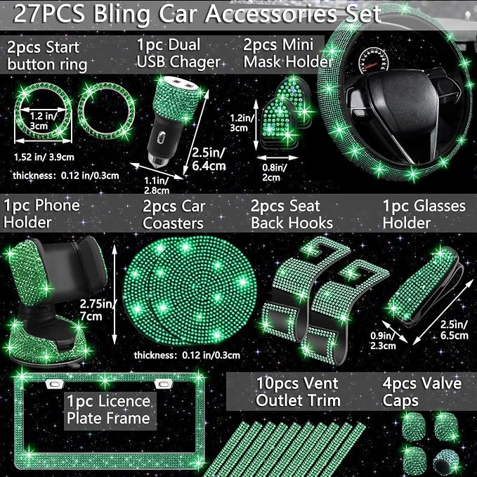 27 PCs Green Bling Car Accessories Set for Women, Steering Wheel Covers Universal Fit 15 Inch, Bling License Plate Frame, Bling Phone Holder, Bling Car Coasters (Green Diamond)