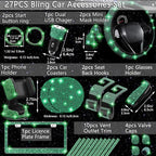 27 PCs Green Bling Car Accessories Set for Women, Steering Wheel Covers Universal Fit 15 Inch, Bling License Plate Frame, Bling Phone Holder, Bling Car Coasters (Green Diamond)