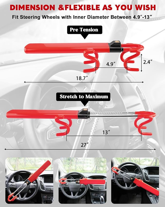 Steering Wheel Lock Anti-Theft Car Device Heavy Duty Security Car Lock Antitheft Locking Devices Great Deterrent Adjustable Car Wheel Lock Anti Theft for Vehicle Truck SUV with 3 Keys (Red)