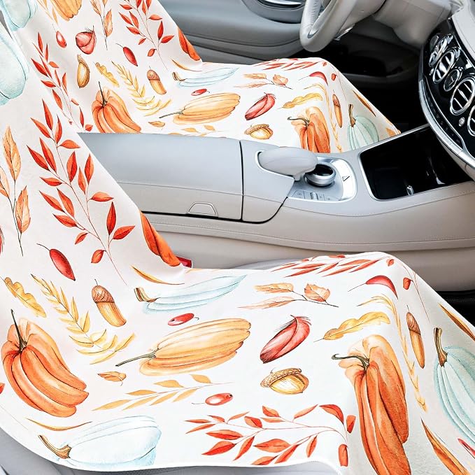 Car Seat Towel Covers with Storage Bag, 63 x 32 Inch Universal Non Slip Waterproof Sweat Protector for Car Truck, Gym Swimming Running, Machine Washable(2 Pack,Pumpkin Pine Cones)