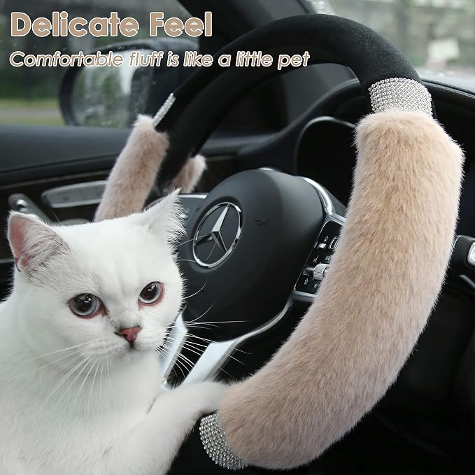 Steering Wheel Cover, Fluffy, Universal Rhinestone, Comfortable, Non-Slip Luxurious Faux Wool,Bedazzled Car Accessories for Women, Fits for 14.5 to 15 Inch